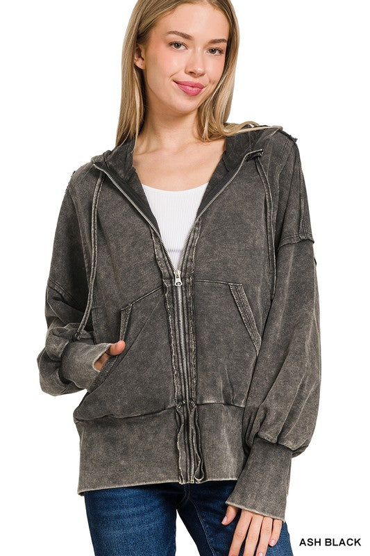 Black Acid Wash Zip-Up Hoodie – D. Marie Boutique