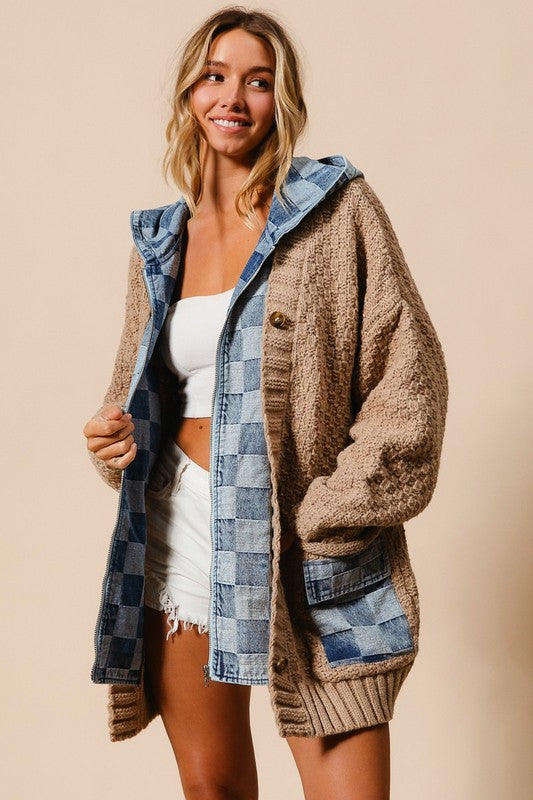 Checkered Denim Sweater Cardigan